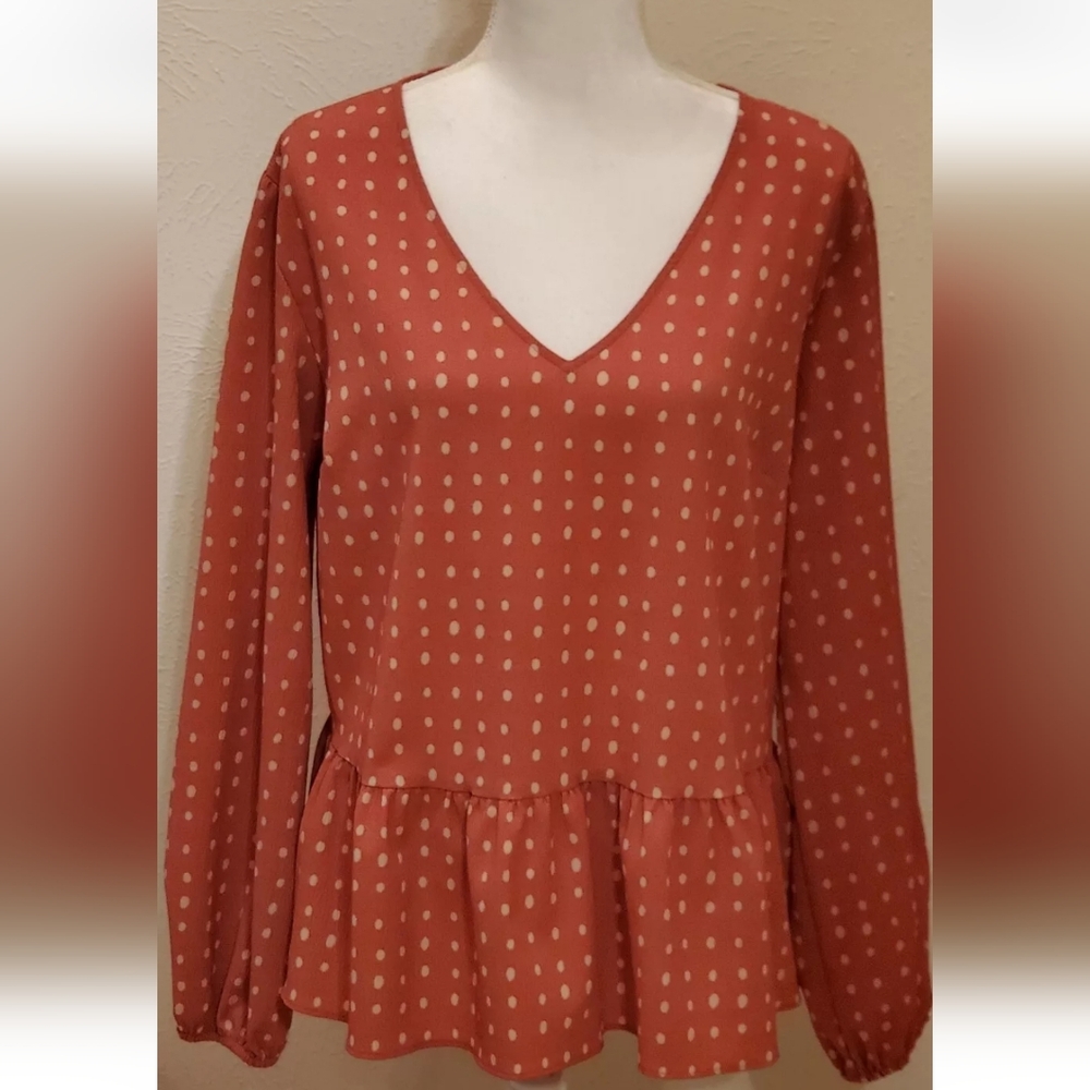 Nine West Burnt Orang & White Polka Dot Long Sleeve Top Sz Large Office Casual